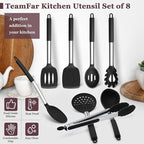 TeamFar Kitchen Utensils Set of 8, Silicone Utensils Kitchen Tools Set with Stainless Steel Handle, for Frying Serving Flipping Draining, Non-toxic & Heatproof, Nonstick & Dishwasher Safe - Black