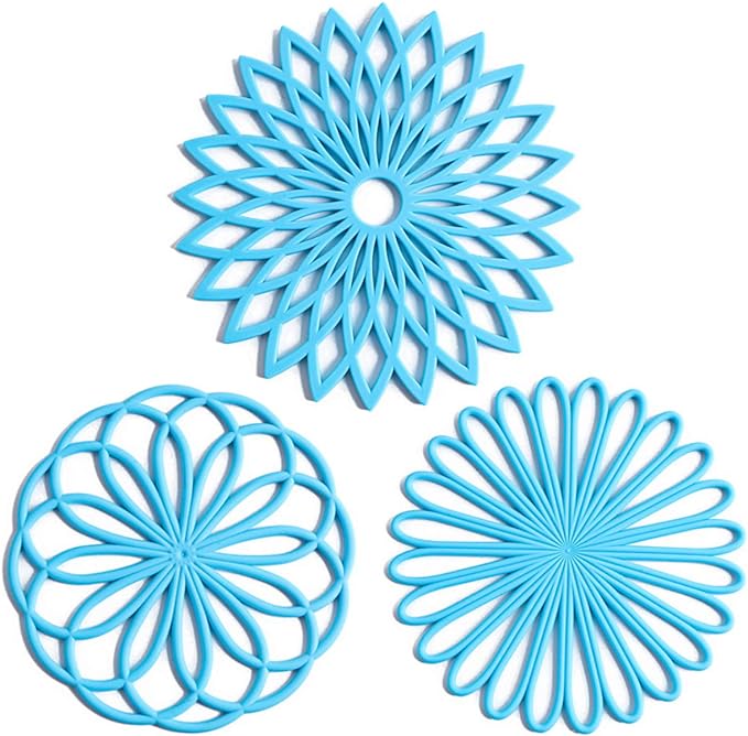 Set of 3 Silicone Trivet Mat - Hot Pot Holder Hot Pads for Table & Countertop - Trivet for Hot Dishes - Non-Slip & Heat Resistant Modern Kitchen Hot Pads for Pots & Pans, Sky Blue