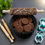 Embossed Rolling Pin 2 Pack, Wooden Non Stick Rolling Pin for Baking with Pattern Designs, French Pastry Dough Roller for Cookies, Pie Crust, Fondant, Kitchen Baking Tools Supplies Set (2 Piece)