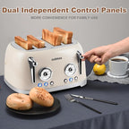 CUSIMAX Toaster 4 Slice, Retro Toaster with Wide Slots for Bagels, Stainless Steel toaster with 6 Toast Settings, Bagel, Cancel, Defrost & Reheat Functions, Dual Independent Control Panels, Cream