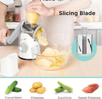 X Home Rotary Cheese Grater for Kitchen, Shredder with 3 Interchangeable Blades, Rotary Grater with Handle and Strong Suction Base, for Vegetables, Fruit, Nuts, Easy to Use and Clean, White