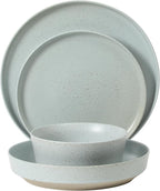 Gibson Elite Overbrook 16-Piece Pottery Clay Stoneware Dinnerware Set – Light Blue Reactive Glaze, Stackable Plates and Bowls w/Pasta Bowl, Service for 4 – Microwave & Dishwasher Safe