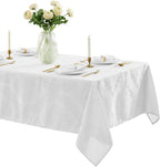 Newbridge Barcelona Luxury Damask Fabric Tablecloth, 52” Wide x 70” Rectangle, White, 100% Polyester, No Iron, Soil Resistant Dining Room, Party and Banquet Table Cover