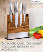 Coninx Magnetic Knife Block with Integrated Sharpener - Double Sided Walnut Wood Knife Holder - Universal Knife Stand with Non-Slip Base for Kitchen Countertop