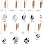 304 Stainless Steel Cooking Utensils Set,9PCS Metal Kitchen Utensils Set with Wooden Handle,Solid Spoon,Spatula,Ladle,Skimmer,Spaghetti Spoon,Dishwasher Safe