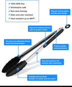 600ºF Heat Resistant Kitchen Tongs, Premium Locking Cooking Tongs with Silicone Tips, Non-Slip Food Tongs for Cooking, Non-Stick, Heavy Duty Stainless Steel Handle, Set of 3-7" 9" and 12" Black