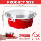 Eaasty 150 Pcs Baking Cups with Lids, 1.6 oz Muffin Cupcake Liners Aluminum Foil Mini Cake Pans Small Disposable Ramekins Flan Containers with Lids for Christmas, Birthday, Various Holiday(Red)
