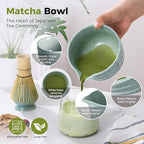 Matcha Whisk Set - Bamboo Whisk and Holder, Bowl with Spout (17 oz), Matcha Sifter and Scoop, 5 Pcs Cute Matcha Kit Set Gift for Matcha Lovers (Bluish Green)