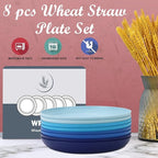 Wheat Straw Plates - 8 Inch Unbreakable Dinner Plates Set of 8 - Dishwasher & Microwave Safe Plastic Plates Reusable - Lightweight Kids Plates for kitchen,R.V. (Ocean)