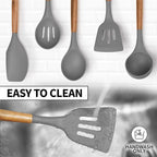 Zulay Kitchen Utensils Set Non-Stick Silicone Cooking Utensils Set with Authentic Acacia Wood Handles - 5 Piece Silicone Utensil Set - Kitchen Utensils Set with 464°F Heat Resistance - Gray