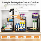 PXRACK Large Under Sink Organizer, Adjustable Height, 2-Tier Slide Out,Thickened Metal Shelf Under Sink Storage for Kitchen, Bathroom, Cabinet,Pantry,Black,1 PACK,Small Space-saving
