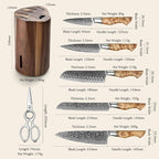 HEZHEN 7PCS Kitchen Knives Set - Professional Forging Damascus High Carbon Steel Chef Knife, Santoku, Bread, Utility, Fruit Knives & Multifunctional Kitchen Scissors - 6Slot Black Walnut Block