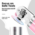 Beneno Heavy Duty Hand Can Opener Manual with Magnet, Durable Sharp Carbon Steel Blade Smooth Cutting, Big Effort-Saving Knob & Soft Grip Handle, Multifunctional Kitchen Tool with Bottle Opener, Pink