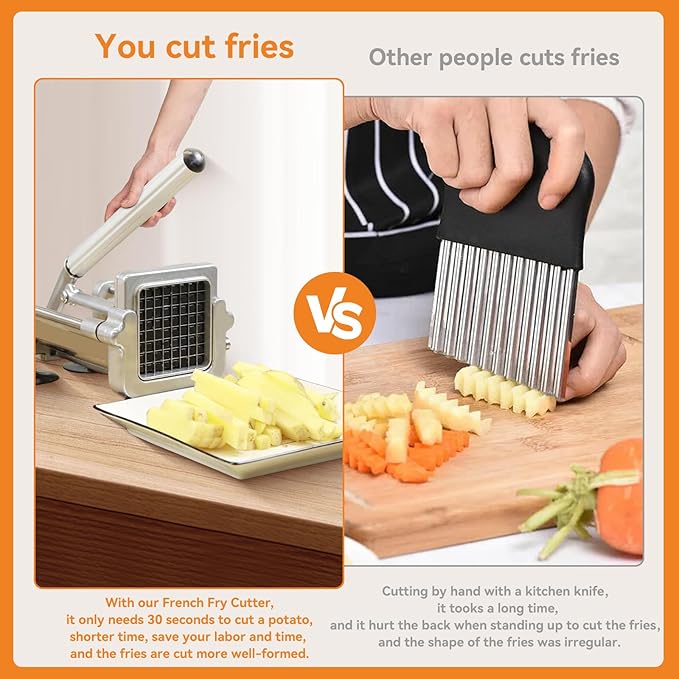 Commercial French Fry Cutter Stainless Steel.Potato Cutter for French Fries with 3/8Inch Blade, Commercial French Fry Cutter Manual Potatoes Cutting Machine with Suction Feet.