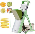 New Upgrade Safe Mandoline Slicer Plus, Biger Size, Adjustable Vegetable Food Chopper Potato Fries Cutter, Detachable Blade, Kitchen Chopping Artifact with Container. Green
