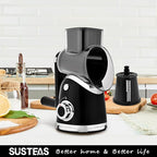 SUSTEAS Rotary Cheese Grater with Handle,Vegetable Slicer with 6 Interchangeable Blades, Reinforced Suction,Easy to Clean,Kitchen Shredder for Crushed Ice,Fruits and Nuts with Blade Storage Case,Black