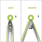 304 Stainless Steel Kitchen Cooking Tongs, 9" and 12" Set of 2 Sturdy Grilling Barbeque Brushed Locking Food Tongs with Ergonomic Grip, Green