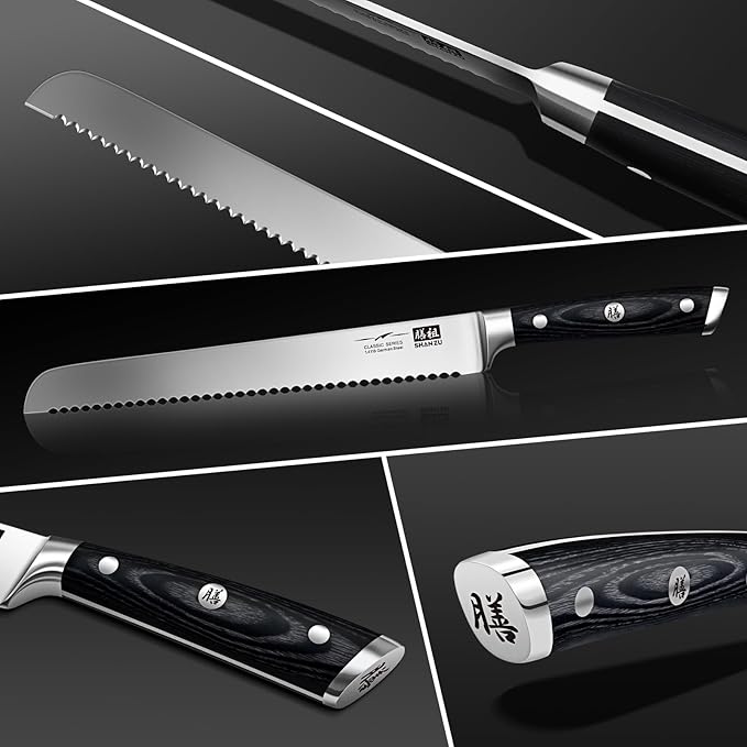 SHAN ZU 10" Bread Knife - Sourdough Slicing Knife Professional German 1.4116 Stainless Steel Serrated Blade, Ergonomic Wood Handle & Full Tang Design, Gift Box Included (Single-Edge