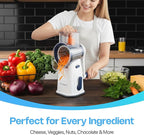 Rotary Cheese Grater with Handle, Cheese Shredder Hand Crank with Suction Base & 5 Interchangeable Blades, Multi-Functional Food Chopper for Vegetables, Nuts & Chocolate - Easy to Use & Clean