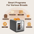 Mecity 2 Slice Touch Screen Toaster, 1.5" Wide Slot, Stainless Steel Smart Toaster for Bagels, Muffins, Waffles, Gluten-Free Breads, Defrost, Reheat, Timer, 120V 825W, Grey Pearl