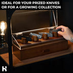 Premium Pocket Knife Display Case for 10 Knives - Wooden Knife Organizer, Storage & Holder with Unique Pillars, Hinged Cover, Drawer - Knife Collection Box - Handcrafted for Men