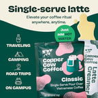 Copper Cow Coffee Pour Over Vietnamese Coffee Pouches + Sweetened Condensed Milk Creamers (8 Coffees & 8 Milk Creamers) | Classic Black Lattes, No Refrigeration Needed, Travel Friendly
