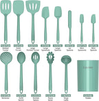 Coukre Silicone Kitchen Cooking Utensils Set with Holder – Heat-Resistant, Food-Grade Kitchen Tools, Spatula, Spoon & Gadgets for Non-Stick Pans, Dishwasher Safe (14, PureAquaGreen)