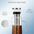 BrewMOO- Airtight Cold Brew Coffee Maker Pitcher, 1.4L/48Oz Thick Glass Carafe with Filter, Comfort Sturdy Handle & Wide Spout, Non-Slip Base | Iced Tea Maker (Black)
