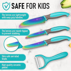5-Piece Kids Cooking Chef Knife Set | Real Stainless Steel Knives with Peeler, Serrated Knife & Holder | Kids Safe Rounded Tips, Easy-Grip Handles | Kitchen Knife Set (5 pcs, Aqua)