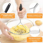 2Pcs Potato Masher, Premium Stainless Steel Mashed Potato Masher Kitchen Tool with Silicone Handle, Integrated & Wire Food Smasher Set for Mashing Potatoes, Veggies, Fruits, Avocado, Meat