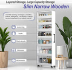 7-Tier Slim Storage Cart, Wooden Rolling Pantry Cabinet with Wheels, Narrow Shelf Organizer for Kitchen, Bakers Rack, Dining Room, Closet, Small Spaces Warm White 73.2" H*7.8" W*23.6" D