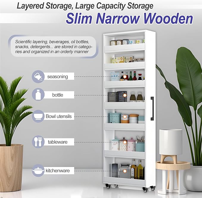 7-Tier Slim Storage Cart, Wooden Rolling Pantry Cabinet with Wheels, Narrow Shelf Organizer for Kitchen, Bakers Rack, Dining Room, Closet, Small Spaces Gray 47.2" H*9.8" W*16.9" D