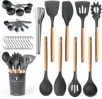 77L 32 PCS Silicone Kitchen Cooking Utensils Set, Non-Stick Cooking Kitchen Utensils Spatula Set with Holder, Turner, Tongs, Spatula, Spoon, Wooden Handle Kitchen Gadgets Utensil Set, Dishwasher Safe
