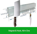 Strong Magnetic Knife Holder for Wall, 17 Inch No-Drill Knife Strip with 12 Hooks & Adhesive, Holds Kitchen Utensils & Tools - YIIYIIN