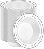 200 Pack Disposable Soup Bowls with Silver Rim, 12oz Premium Heavy Duty Plastic Dinner Bowls for Party, Wedding and Holiday