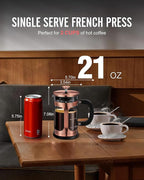 BAYKA 21 Ounce 0.6 Liter French Press Coffee Tea Maker Small, Heat Resistant Thickened Borosilicate Glass Stainless Steel Single Serve Brewer, Cold Brew Cafetera Teapot, Copper