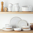 AmorArc Ceramic Dinnerware Sets with Pasta Bowls for 4, Handpainted Plates and Bowls Set with Rustic Terracotta Underside, Scratch Resistant Dishes Set, Dishwasher & Microwave Safe, 16 Pcs-White