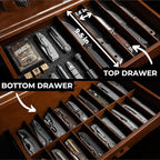 Premium Pocket Knife Display Case for 50 Knives - Extra Large Wooden Knife Organizer, Storage & Holder with Unique Pillars, 2 Drawers - Knife Collection Box - Handcrafted for Men