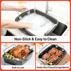 24lb Carbon Steel Nonstick Roasting Pan with Rack - BPA Free, Leak-Proof, 450°F Heat Resistant (17x13x4in) | Oil-Draining, Dishwasher Safe for Thanksgiving Christmas Turkey