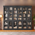 70.8" Bookshelf with Glass Doors, Farmhouse Modular Bookcase with 6-Tier Adjustable Shelves, Large Storage Cabinet for Living Room & Home Office, Black