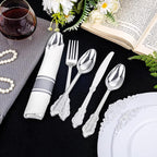 Liacere 400PCS Silver Plastic Silverware - Pre Rolled Napkins Disposable Silver Cutlery-Premium Quality Gold Plastic Utensils - Includes 100Forks,100Knives,100Spoons,100Napkins&Christmas