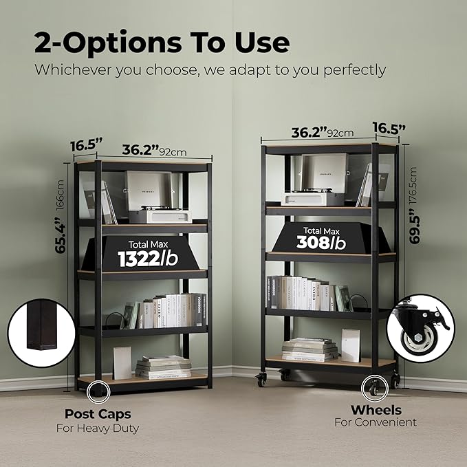 HOMEDANT House 5-Tier Metal Rolling Cart Shelf Rack Casters Heavy Duty Wheel Shelving Unit Adjustable Utility Storage Shelves Organizer Shelf Kitchen Garage 36.2" W x 16.5" D x 69.5" H 10Pack