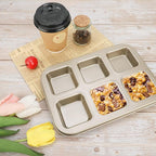 Beasea Brownie Pan, 1 Pack 6 Cavity Gold Nonstick Square Mini Brownie Muffin Cake Pan Cheesecake Cupcake Bakeware Carbon Steel Brownie Baking Tray 2x3 Individual Cutter Bakeware for Oven Baking