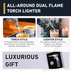 Dual Flame Butane Torch Gun - Refillable Luxury Hand Held Mini Blow Torch for Cooking, Creme Brulee, Soldering, Welding, & Resin Art - Adjustable Flame with Ignition Lock - Steel Blue by inZaynity