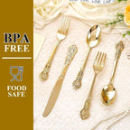 200PCS Gold Plastic Silverware - Heavy Duty Elegant Disposable Utensils - Gold Plastic Cutlery Set Includes 100Forks, 50Spoons, 50Knives for Dinner, Parties, Weddings