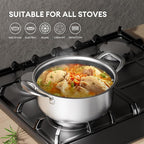 COOKER KING Hybrid Nonstick 6 Pcs Pot Set, 1.5 & 2QT Saucepan and 5-Quart Pots with Glass Lids, Induction Stainless Steel Cookware, Stay-Cool Handles, Dishwasher Safe, Compatible with All Cooktops