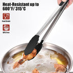 Doosu Kitchen Tongs for Cooking - 600°F Heat Resistant Food Tong with Non-Scratch Silicone Tips, Heavy Duty Stainless Steel Locking Tong for BBQ, Grilling Steak, Serving Salad, Pasta (16in, Black)