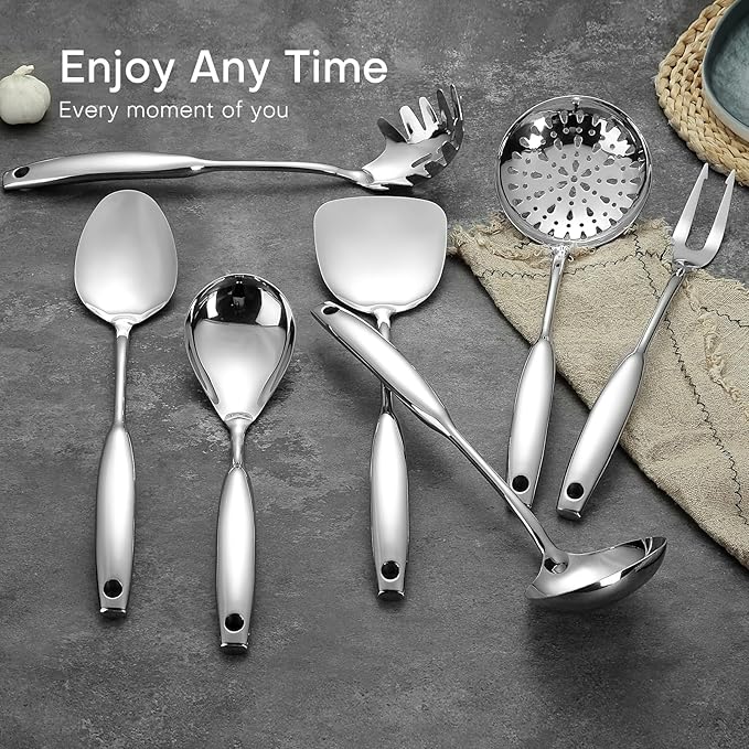 Lazycorner 304 Stainless Steel Kitchen Utensils Set 9-Piece Polished Mirror Finish Cooking Spoons, Slotted Spoon, Turner, Spatula, Pasta Spoon– Dishwasher Safe, Rust-Resistant