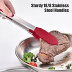 Doosu Kitchen Tongs for Cooking - 600°F Heat Resistant Food Tong Set with Non-Scratch Silicone Tips, Heavy Duty Stainless Steel Locking Tong for BBQ, Grilling Steak, Serving Salad (9+12in, Red)