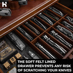 Premium Pocket Knife Display Case for 30 Knives - Large Wooden Knife Organizer, Storage & Holder with Unique Pillars, Hinged Cover, Drawer - Knife Collection Box - Handcrafted for Men